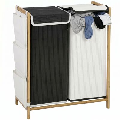 Homcom Cesto De Ropa Sucia Con Tapa 120l De Bambú Con 2 Compartimentos, Bolsas Extraíbles Y Lavables Con Cordón, Bolsillos Laterales, Blanco Y Negro Homcom Cesto De Ropa Sucia Con Tapa 120l De Bambú Con 2 Compartimentos, Bolsas Extraíbles Y Lavables Con Cordón, Bolsillos Laterales, Blanco Y Negro