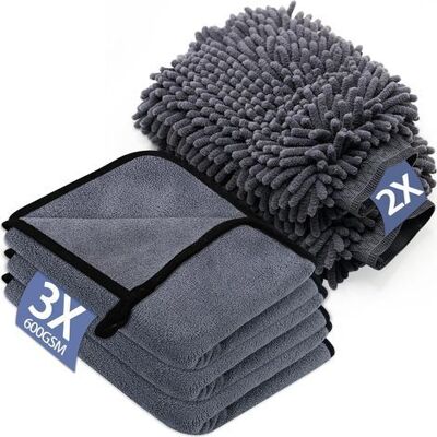 GOTRAYS Kit De Limpieza Para Coche: Paquete De 3 Paños De Microfibra Y Paquete De 2 Guantes De Microfibra Para Lavado De Coches GOTRAYS Kit De Limpieza Para Coche: Paquete De 3 Paños De Microfibra Y Paquete De 2 Guantes De Microfibra Para Lavado De Coches