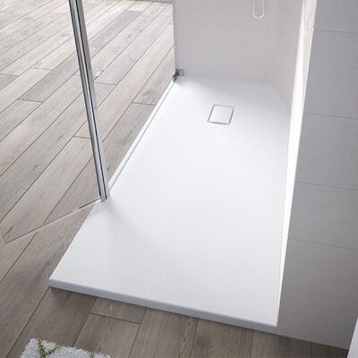 KINEDO Receveur Kinesurf Découpable 100x100 Blanc Aspect Pierre Avec Cache-bonde Assorti Et Bonde Extra-plate KINEDO Receveur Kinesurf Découpable 100x100 Blanc Aspect Pierre Avec Cache-bonde Assorti Et Bonde Extra-plate