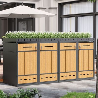 STILVORA Armario Para Cubos De Basura Doble Con Jardinera, Acero, Efecto Madera, Gris, Con Cerradura, 120–240 L STILVORA Armario Para Cubos De Basura Doble Con Jardinera, Acero, Efecto Madera, Gris, Con Cerradura, 120–240 L