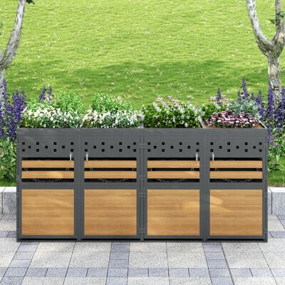 MODENVIE Cobertizo Para Cubos De Basura Juego De 4, Con Techo Jardinera, Puertas Con Cerradura Y Cadenas, Metal, Gris Y Madera MODENVIE Cobertizo Para Cubos De Basura Juego De 4, Con Techo Jardinera, Puertas Con Cerradura Y Cadenas, Metal, Gris Y Madera