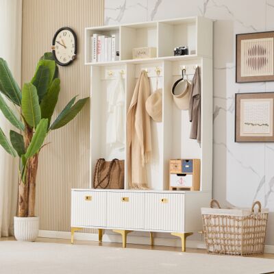 OKWISH Perchero De Pasillo Con Banco De Almacenaje Y 6 Ganchos, Blanco, 120x40x191,5 Cm OKWISH Perchero De Pasillo Con Banco De Almacenaje Y 6 Ganchos, Blanco, 120x40x191,5 Cm
