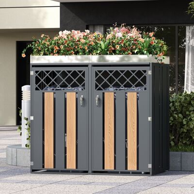 STILVORA Armario Para Cubos De Basura Con Jardinera Integrada, 2 Compartimentos Con Cerradura, Acero Gris Aspecto Madera STILVORA Armario Para Cubos De Basura Con Jardinera Integrada, 2 Compartimentos Con Cerradura, Acero Gris Aspecto Madera