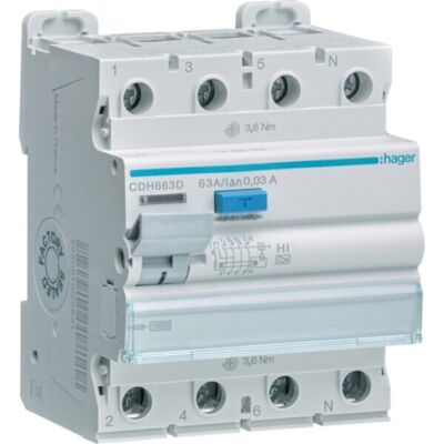 Hager CDH663D Interruptor diferencial - 4 polos 63A 30mA - RCCB Hager CDH663D Interruptor diferencial - 4 polos 63A 30mA - RCCB