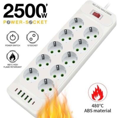 OEM Regleta Usb De 10 Tomas Con 4 Puertos Usb, Cargador De Viaje (5v 3.1a), 1 Puerto Usb-c, 2500w 10a Con Cable De 2m, Para El Hogar Y La Oficina - Blanco -crezuo OEM Regleta Usb De 10 Tomas Con 4 Puertos Usb, Cargador De Viaje (5v 3.1a), 1 Puerto Usb-c, 2500w 10a Con Cable De 2m, Para El Hogar Y La Oficina - Blanco -crezuo