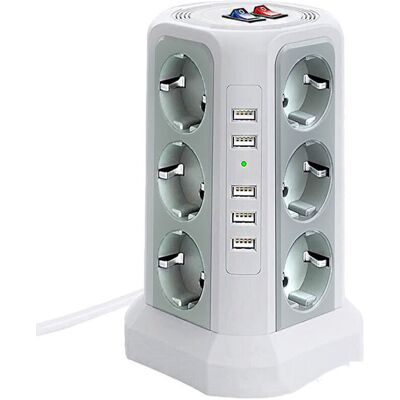 OEM Regleta Protectora Contra Sobretensiones, 12 Tomas + 5 Usb, 3 Interruptores, Blanco OEM Regleta Protectora Contra Sobretensiones, 12 Tomas + 5 Usb, 3 Interruptores, Blanco