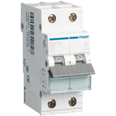 Hager MCN532 - Interruptor de protección 1P+N, C-32A, 6kA - Interruptor de protección Hager MCN532 - Interruptor de protección 1P+N, C-32A, 6kA - Interruptor de protección