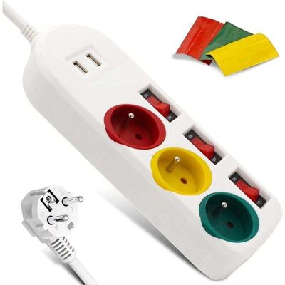 OEM Regleta Crezuo De 3 Tomas Con Enchufes De Colores, 2 Puertos Usb E Interruptores.-crezuo OEM Regleta Crezuo De 3 Tomas Con Enchufes De Colores, 2 Puertos Usb E Interruptores.-crezuo