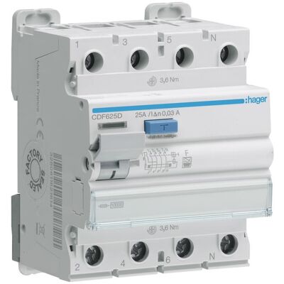 Hager CDF625D - Interruptor diferencial - 4P 25A 30mA Hager CDF625D - Interruptor diferencial - 4P 25A 30mA