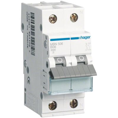 Hager MBN506 - Interruptor de circuito - 6A, B-Característica, IP20, Carril DIN Hager MBN506 - Interruptor de circuito - 6A, B-Característica, IP20, Carril DIN