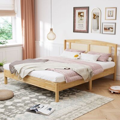 JHY DESIGN Cama Doble De Ratán, Cama Infantil, Cama De Adulto 160x200cm, Cojines De Malla De Ratán, 15 Listones Y Patas Centrales, Ratán De Pino Y Pe, Natural JHY DESIGN Cama Doble De Ratán, Cama Infantil, Cama De Adulto 160x200cm, Cojines De Malla De Ratán, 15 Listones Y Patas Centrales, Ratán De Pino Y Pe, Natural
