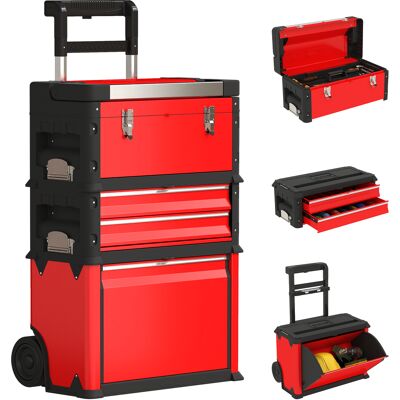 JHY DESIGN Set Di 3 Cassette Portautensili Impilabili E Modulari In Acciaio Su Ruote Con Vassoio, Maniglie E Serratura, Rosse JHY DESIGN Set Di 3 Cassette Portautensili Impilabili E Modulari In Acciaio Su Ruote Con Vassoio, Maniglie E Serratura, Rosse