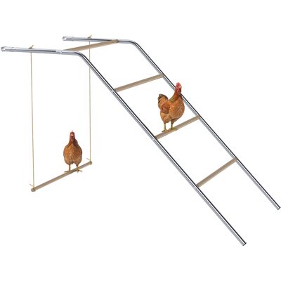 JHY DESIGN Pollaio A 5 Livelli In Legno Di Pino E Acciaio, Con Scala A Pioli, 82 X 150 X 110 Cm, Argento. JHY DESIGN Pollaio A 5 Livelli In Legno Di Pino E Acciaio, Con Scala A Pioli, 82 X 150 X 110 Cm, Argento.