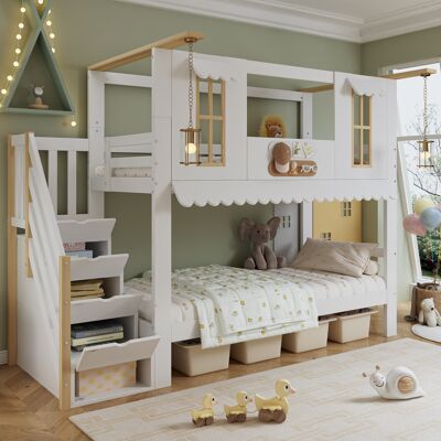 JHY DESIGN Litera, Cama Infantil, Escalera Con Espacio De Almacenamiento, Ventanas Elegantes, Borde De Techo Ondulado, Con Dos Elementos Decorativos De Fieltro, Adornos Colgantes, Pino + Mdf + Madera Contrachapa JHY DESIGN Litera, Cama Infantil, Escalera Con Espacio De Almacenamiento, Ventanas Elegantes, Borde De Techo Ondulado, Con Dos Elementos Decorativos De Fieltro, Adornos Colgantes, Pino + Mdf + Madera Contrachapa