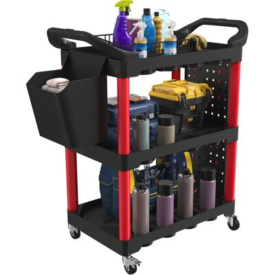 Homcom Carro De Taller De 3 Niveles, Carro De Herramientas Con Paneles Perforados, Asa Lateral, Ganchos, Cubeta, Negro Y Rojo Homcom Carro De Taller De 3 Niveles, Carro De Herramientas Con Paneles Perforados, Asa Lateral, Ganchos, Cubeta, Negro Y Rojo