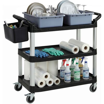 Homcom Carro De Limpieza Con Ruedas, Carro De Servicio Con 3 Estantes, 2 Contenedores Y Cubo Lateral, Estructura De Aluminio, Carga 100 Kg, Negro Homcom Carro De Limpieza Con Ruedas, Carro De Servicio Con 3 Estantes, 2 Contenedores Y Cubo Lateral, Estructura De Aluminio, Carga 100 Kg, Negro