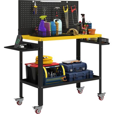 Homcom Banco De Trabajo Con Panel Perforado Y Ruedas, Enchufes, Usb, Luz Led Y Estructura Metálica, Carga 300 Kg, 128x49,5x127,5 Cm, Negro Y Amarillo Homcom Banco De Trabajo Con Panel Perforado Y Ruedas, Enchufes, Usb, Luz Led Y Estructura Metálica, Carga 300 Kg, 128x49,5x127,5 Cm, Negro Y Amarillo