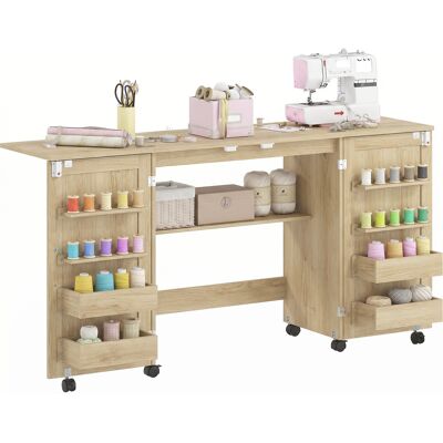 Homcom Mesa De Costura Plegable Con 6 Ruedas, Mueble Para Máquina De Coser Con 20 Clavijas Para Hilos, 4 Compartimentos, Estante, Roble Homcom Mesa De Costura Plegable Con 6 Ruedas, Mueble Para Máquina De Coser Con 20 Clavijas Para Hilos, 4 Compartimentos, Estante, Roble