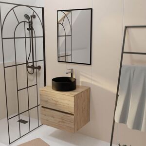 Aurlane - Mueble de baño 60cm 2 cajones Roble + Lavabo negro Ø36cm + Espejo 60x80cm Aurlane - Mueble de baño 60cm 2 cajones Roble + Lavabo negro Ø36cm + Espejo 60x80cm
