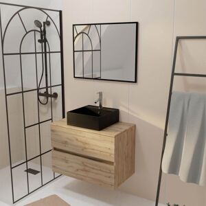 Aurlane - Mueble de baño 80cm 2 Cajones Roble + Lavabo Negro 41x41x15cm - Mueble de Baño Aurlane - Mueble de baño 80cm 2 Cajones Roble + Lavabo Negro 41x41x15cm - Mueble de Baño