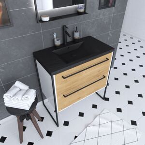 Aurlane - Mueble Baño 80x50+ 2 Cajones Roble Natural + Lavabo Negro Efecto Piedra Aurlane - Mueble Baño 80x50+ 2 Cajones Roble Natural + Lavabo Negro Efecto Piedra