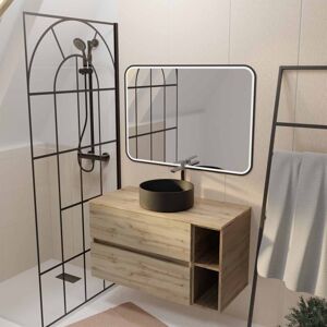 Aurlane - Mueble De Baño 100cm Efecto Roble 2 Cajones Lavabo Negro Espejo Led 100x70 Aurlane - Mueble De Baño 100cm Efecto Roble 2 Cajones Lavabo Negro Espejo Led 100x70