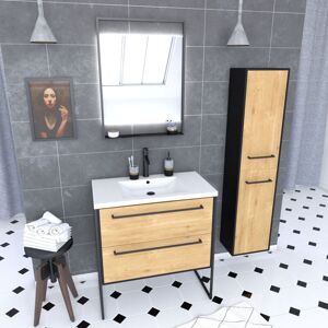 Aurlane - Mueble De Baño 80, Lavabo Blanco, Espejo Led Y Columna - Roble Y Negro - Structura Aurlane - Mueble De Baño 80, Lavabo Blanco, Espejo Led Y Columna - Roble Y Negro - Structura