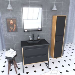 AURLANE Mueble De Baño 80cm, Lavabo Negro, Espejo Led Y Columna - Roble Y Negro AURLANE Mueble De Baño 80cm, Lavabo Negro, Espejo Led Y Columna - Roble Y Negro