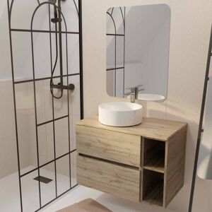 Aurlane - Mueble De Baño 80 Roble Cajones Y Estantes - Lavabo Blanco - Espejo 60x80 Aurlane - Mueble De Baño 80 Roble Cajones Y Estantes - Lavabo Blanco - Espejo 60x80