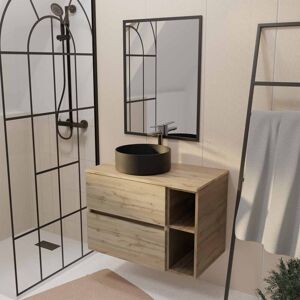 Aurlane - Mueble De Baño 80 Roble Cajones + Estantes - Lavabo Negro - Espejo Negros Aurlane - Mueble De Baño 80 Roble Cajones + Estantes - Lavabo Negro - Espejo Negros