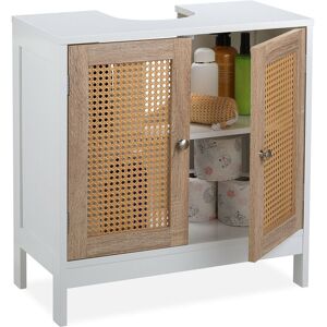 Mueble De Baño Bajo Lavabo 2 Espacios, 60 Cm De Ancho, Hueco Para El Sifón, Puertas De Ratán, Blanco Y Natural - Relaxdays Mueble De Baño Bajo Lavabo 2 Espacios, 60 Cm De Ancho, Hueco Para El Sifón, Puertas De Ratán, Blanco Y Natural - Relaxdays