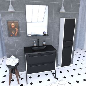 AURLANE Pack Mueble De Baño 80x50, Lavabo Efecto Piedra +columna Negro Mate +espejo AURLANE Pack Mueble De Baño 80x50, Lavabo Efecto Piedra +columna Negro Mate +espejo