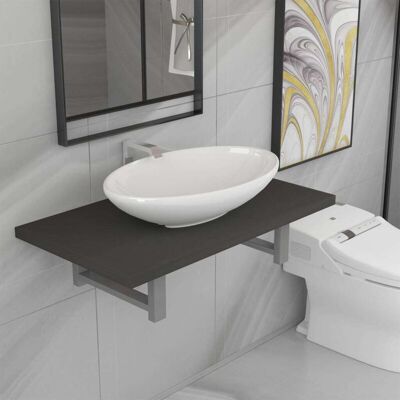 Lavabo oval de cerámica gris vidaXL con estante de pared - Lavabo de baño Lavabo oval de cerámica gris vidaXL con estante de pared - Lavabo de baño