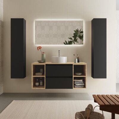 CYGNUS BATH Mueble Baño Bequia 120 Cm Negro Y 2 Coquetas Laterales Roble Con Lavabo CYGNUS BATH Mueble Baño Bequia 120 Cm Negro Y 2 Coquetas Laterales Roble Con Lavabo