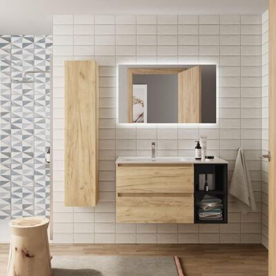 CYGNUS BATH Salgar - Mueble Baño Bequia 90 Cm Roble Y Coqueta Derecha Negro Con Lavabo CYGNUS BATH Salgar - Mueble Baño Bequia 90 Cm Roble Y Coqueta Derecha Negro Con Lavabo