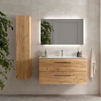 CYGNUS BATH Salgar - Mueble De Baño Morai 100 Cm Roble Con Tirador Negro Con Lavabo CYGNUS BATH Salgar - Mueble De Baño Morai 100 Cm Roble Con Tirador Negro Con Lavabo