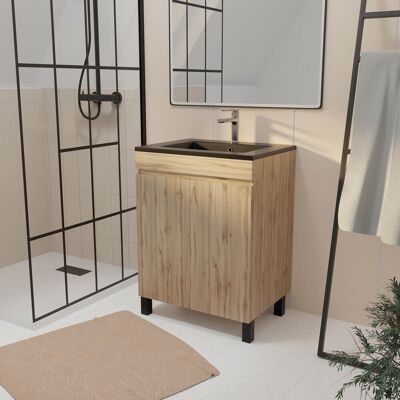 AURLANE Armario de Baño 60cm - Roble Natural, Puertas con cierre suave, Lavabo de cerámica negra AURLANE Armario de Baño 60cm - Roble Natural, Puertas con cierre suave, Lavabo de cerámica negra