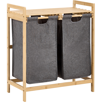 BELIANI Mueble De Baño De Bambú Con Cestas Para La Ropa Sucia De Tela Gris Y Estante Marrón Claro Azufrera BELIANI Mueble De Baño De Bambú Con Cestas Para La Ropa Sucia De Tela Gris Y Estante Marrón Claro Azufrera