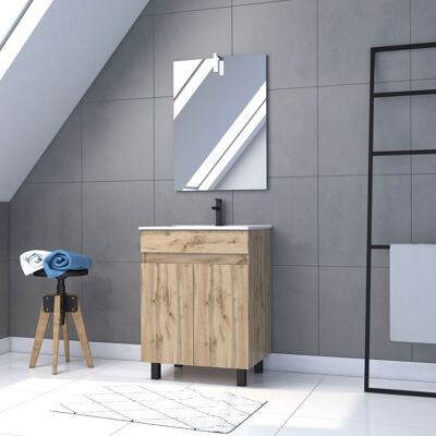 Mueble de baño AURLANE Roble Natural - 60cm en MDF con Espejo LED Mueble de baño AURLANE Roble Natural - 60cm en MDF con Espejo LED