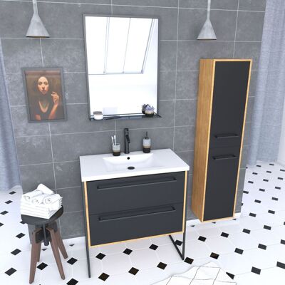 Aurlane - Mueble De Baño 80x50cm - Lavabo Blanco 80x50cm - Cajones + Columna + Espejo Aurlane - Mueble De Baño 80x50cm - Lavabo Blanco 80x50cm - Cajones + Columna + Espejo