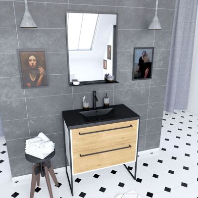 Aurlane - Mueble Baño 80x50 + 2 Cajones Roble + Lavabo Negro Piedra + Espejo Negro Aurlane - Mueble Baño 80x50 + 2 Cajones Roble + Lavabo Negro Piedra + Espejo Negro