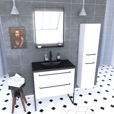 Aurlane - Mueble De Baño 80, Lavabo Negro, Espejo Led Y Columna – Blanco – Structura Aurlane - Mueble De Baño 80, Lavabo Negro, Espejo Led Y Columna – Blanco – Structura