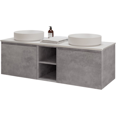 Bernstein - Mueble Lavabo Suspendido Mdf Hormigón, Lavabo Fundición Blanco Mate + 2 Cajones + Estantes Centrales 150x45x52cm - Inalco 1500 Aspecto Concreto Bernstein - Mueble Lavabo Suspendido Mdf Hormigón, Lavabo Fundición Blanco Mate + 2 Cajones + Estantes Centrales 150x45x52cm - Inalco 1500 Aspecto Concreto