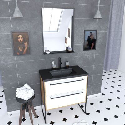 Aurlane - Mueble De Baño 80x50cm - Lavabo Negro 80x50cm - 2 Cajones + Espejo Aurlane - Mueble De Baño 80x50cm - Lavabo Negro 80x50cm - 2 Cajones + Espejo