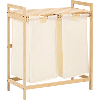 BELIANI Mueble De Baño De Bambú Con Cestas Para La Ropa Sucia De Tela Blanco Y Estante Marrón Claro Azufrera BELIANI Mueble De Baño De Bambú Con Cestas Para La Ropa Sucia De Tela Blanco Y Estante Marrón Claro Azufrera