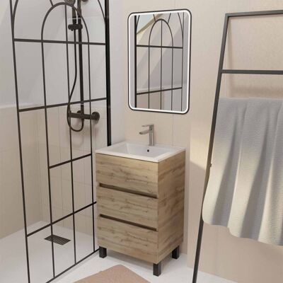 Aurlane - Mueble de baño 50 Decorado Roble - 3 Cajones - Lavabo blanco - Espejo LED Aurlane - Mueble de baño 50 Decorado Roble - 3 Cajones - Lavabo blanco - Espejo LED