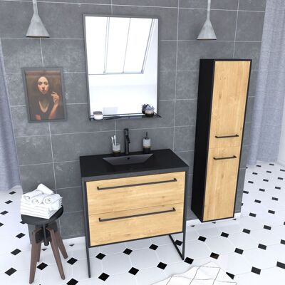 AURLANE Mueble De Baño Blanco 80 Cm + Lavabo Negro Efecto Piedra + Espejo + Columna AURLANE Mueble De Baño Blanco 80 Cm + Lavabo Negro Efecto Piedra + Espejo + Columna
