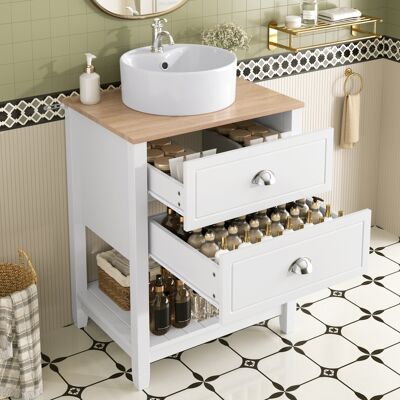 JHY DESIGN Mueble De Baño Con Lavabo Redondo De Cerámica – Lavabo Individual Con 2 Cajones Y Compartimento De Almacenamiento Abierto – Mueble De Baño Independiente En Acabado Blanco Con Efecto Madera. JHY DESIGN Mueble De Baño Con Lavabo Redondo De Cerámica – Lavabo Individual Con 2 Cajones Y Compartimento De Almacenamiento Abierto – Mueble De Baño Independiente En Acabado Blanco Con Efecto Madera.