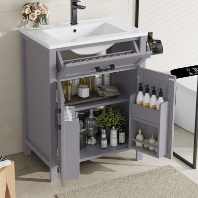 JHY DESIGN Mueble De Baño Independiente De 60 X 46 X 84,8 Cm Con Lavabo Integrado, Acabado Lacado, Estantes De Doble Puerta, Prácticos Cajones, Estantes Ajustables, Lavabo Cerámico Integrado, Color Gris. JHY DESIGN Mueble De Baño Independiente De 60 X 46 X 84,8 Cm Con Lavabo Integrado, Acabado Lacado, Estantes De Doble Puerta, Prácticos Cajones, Estantes Ajustables, Lavabo Cerámico Integrado, Color Gris.