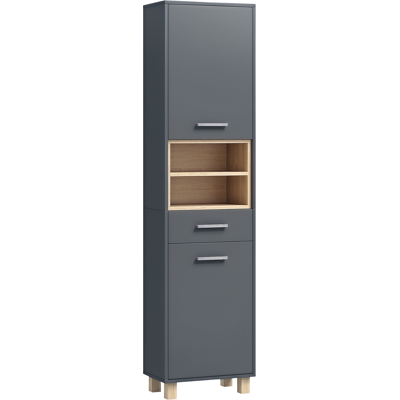 JHY DESIGN Columna De Baño, Mueble De Almacenamiento De Baño Con 2 Armarios, Cajón Y 2 Compartimentos Abiertos, Gris. JHY DESIGN Columna De Baño, Mueble De Almacenamiento De Baño Con 2 Armarios, Cajón Y 2 Compartimentos Abiertos, Gris.